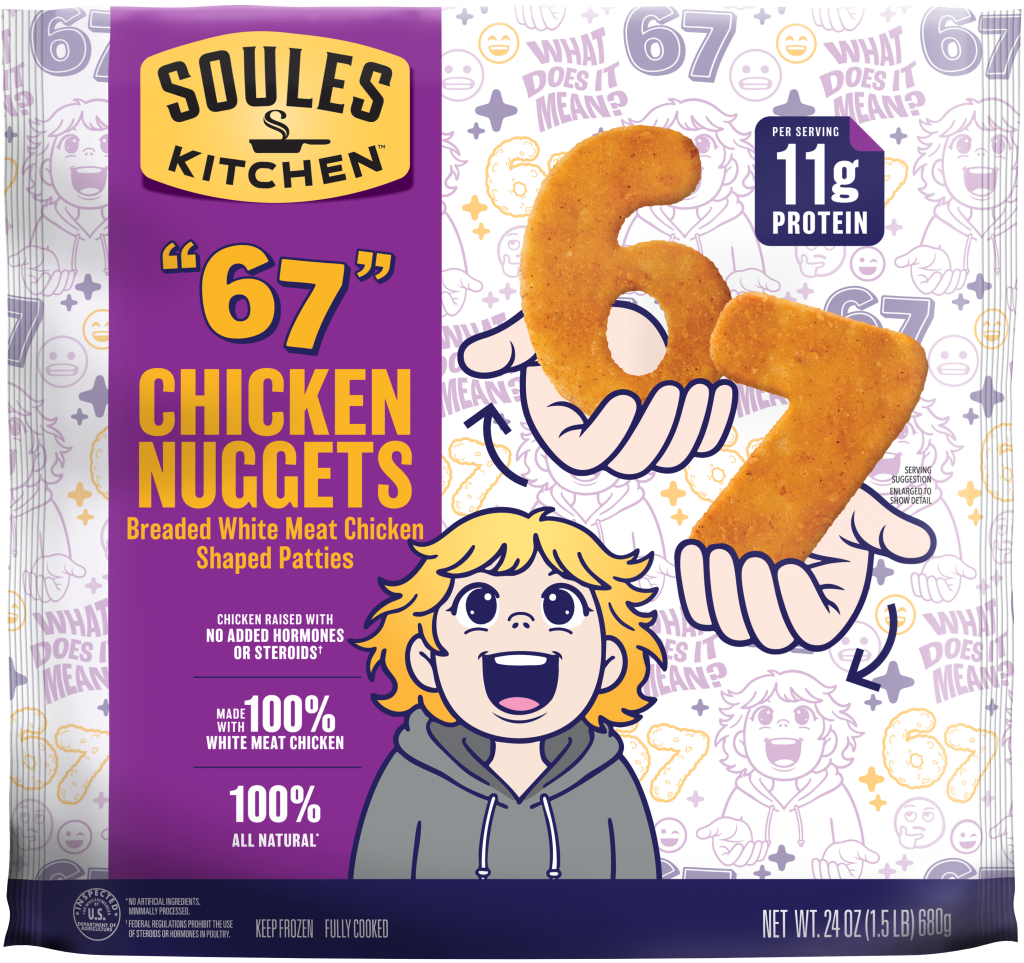 Front panel of 67 chicken nuggets packaging